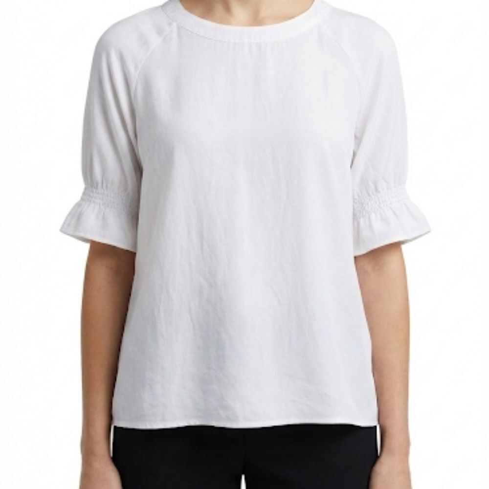 Banana Republic White Blouse Smocked Flutter Cuffs Size M Raglan Clean Girl